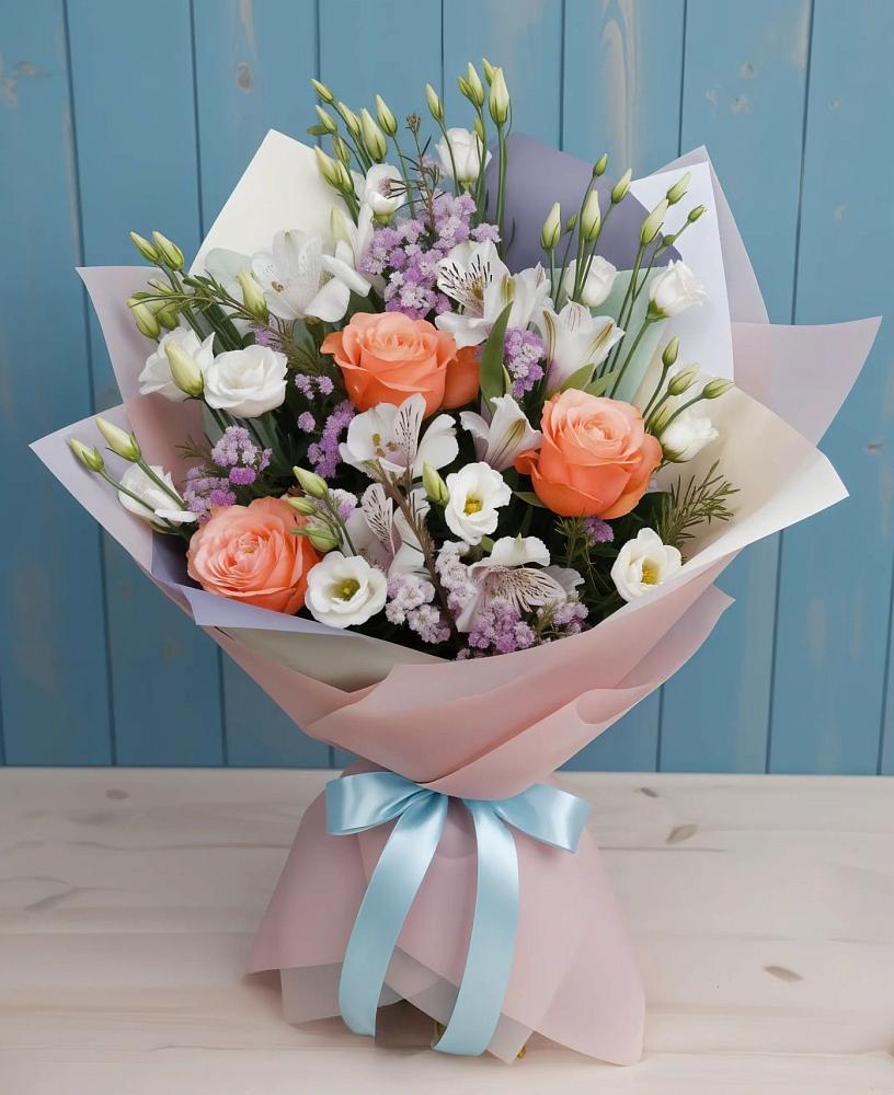 Букет цветов из: Лизиантусы, Розы, Альстромерии и Гипсофила в Витязево